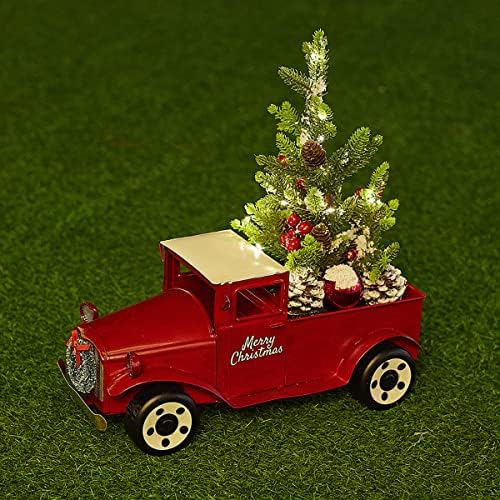 טנדר בית חווה של Emadgift, משאית אדומה עם עץ חג המולד, עיצוב משאית אדומה וינטג 'עם נורות LED, לקישוט חג המולד ועיצוב