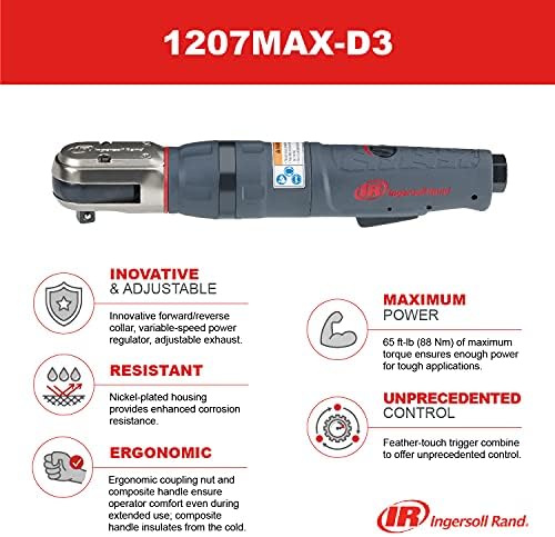 Ingersoll rand 1207max-d3 3/8 אינץ 'כונן מפתח ברגים של אוויר, כלי חשמל עם פלט מומנט של עד 65 רגל/88 ננומטר, בקרת מקסימום,