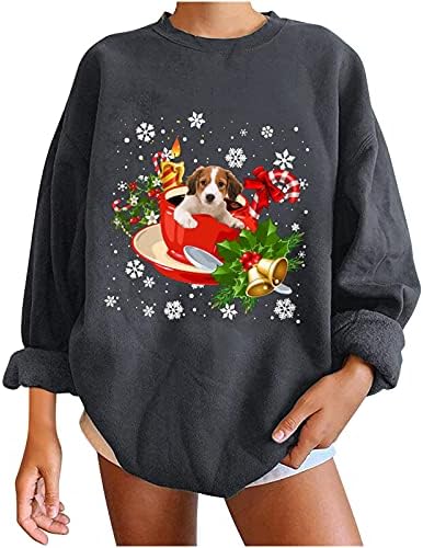 סווטשירטים לסתיו לנשים גרפיקה 2021 אופנה חג המולד וינטג 'הדפס כלבים חולצות שרוול ארוך חולצות סווטשירט