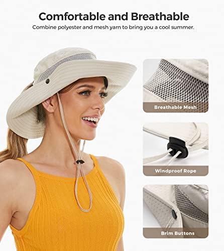 שמש כובע עם קוקו חור לנשים, שמש הגנה עד50 + עמיד למים חוף דלי ספארי טיולים כובע לנשים