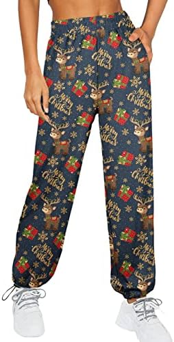 מכנסי טרנינג לחג המולד של נשים רצים מזדמנים מותניים גבוהים משוך על מכנסי טרנינג ספורט חג המולד רופף מכנסי טרקלין רופפים