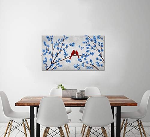 ציפורים אדומות עצים כחולים בד אמנות קיר אהבה רומנטית מופשט נוף יער הדפסת תמונה על בד לעיצוב בית חדר שינה נמתח