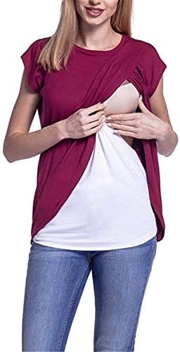 Andongnywell לנשים נוחיות סיעוד שכבות עליונות ליולדות מניקה טוניקה שכבה כפולה חולצת שרוול קצר