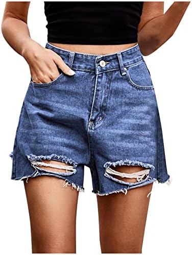 מכנסיים קצרים של Oplxuo Jean לנשים מכנסי ג'ינס לנשים מותניים גבוהים קרעו חיתוך גולמי שולי במצוקה מכנסי קיץ נמתחים עם כיס