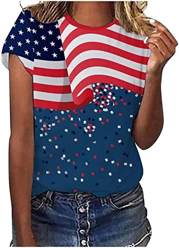 חולצת דגל אמריקאית חולצת נשים יום עצמאות צמרות שרוול קצר שרוול קצר צווארון 4 ביולי סווד החולצה הפטריוטי