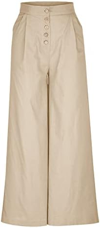נשים כותנה פשתן פלאצו פלאצו רחב רגליים עם כיסים מכנסי טרקלין כפתור זורמים רופפים מכנסיים קרקעיות שקיות מזדמנים מכנסיים.