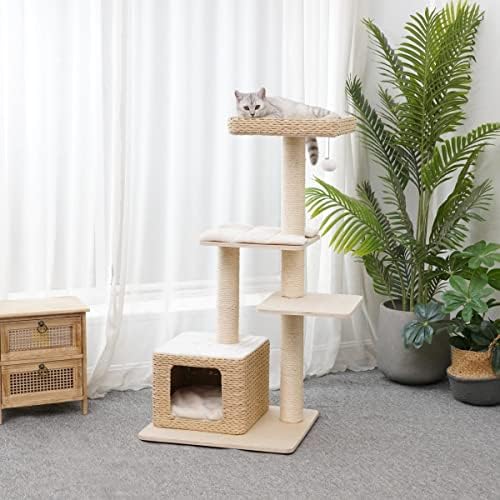 זריז 46& 34; מודרני דיקט חתול עץ הדירה מגדל עם סיסל טבעי מגרד הודעות & מגבר; סלים ארוגים