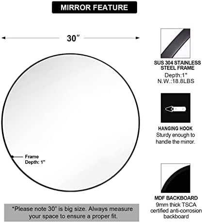 כוכב אנדי כוכב עגול מראה לחדר אמבטיה, מראה מעגל שחור בגודל 30 אינץ