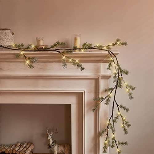 Baolitvine מואר אורן גרלנד 6ft 48 אורות LED לבנים חמים, זר חג מולד עם סוללת אורות המופעלת עם טיימר מקורה לקישוטים לחג