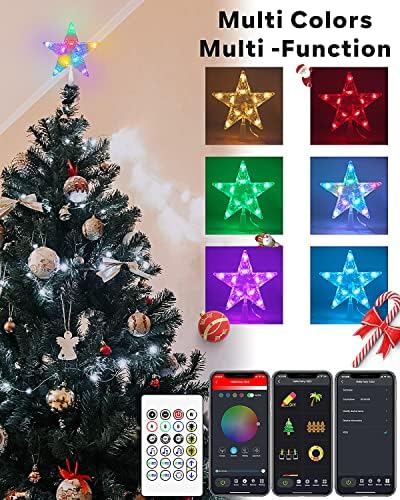 עץ חג המולד טופר מואר - אפליקציה חכמה שלט רחוק 7 צבע LED משתנים טופרי עץ כוכבים סנכרון עם מוסיקה, לעומק, טיימר, תקע