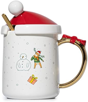 ספל חג המולד סנטה וצבי מכסה אדום עם כף זהב - כוס חלב קפה ותה חמוד - מתנה חגיגית לחג, כוס עונת חורף 16oz, סנטה