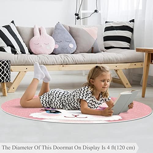 Llnsupply ילדים שטיח 5 רגל שטיחים באזור עגול גדול לבנות בנים תינוקת - ארנב לבן חמוד עם רקע ורוד זר, עיצוב בית מתקפל משחק