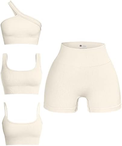 OQQ לנשים 4 תלבושות חתיכות מצולמות פעילות גופנית חלקה סקופ צוואר ספורט חזייה כתף אחת צמרת מכנסיים מותניים גבוהים סט פעיל