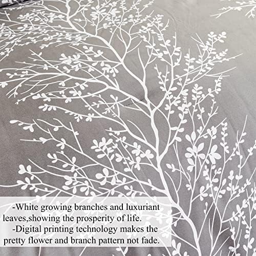 ענפי פרחים אפורים של Zrnbast מודפסים מיטה מיטה בגודל מלא בשקית 5 PCS מצעים, מיקרופייבר אולטרה אולטרה רך נוח