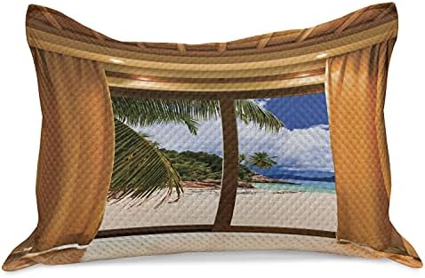 חוף אמבסון חוף סרוג כרית כרית, נוף חוף אקזוטי טרופי מהחלון עם וילונות תמונת אוקיינוס ​​האי קיץ, כיסוי כרית