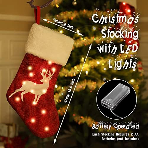 גרבי חג המולד של Hiboom לקישוט אח עם נורות LED, גרבי יוטה אדומים בגודל 18 אינץ