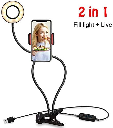 קליקוול 2 ב 1 חצובה כפולה סלפי טבעת אור עם מחזיק מצלמה לעמוד בטלפון נייד 3-מצבי אור לד לצילום איפור הזרמת וידאו חי ולוגינג