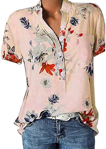 חולצות פרחים לנשים לחצץ קיץ חולצות חולצה קלה הדפס חוף עליון V צוואר חולצת שרוול קצר חולצה עם כיס