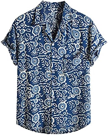חולצות פשתן כותנה לגברים שרוול קצר שרוול קיץ כפתור כיתוב רגוע במורד חולצת הוואי וינטג '