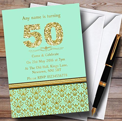 מנטה ירוק וזהב וינטג 'דמשק 50 הזמנות למסיבת יום הולדת בהתאמה אישית