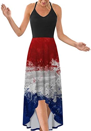 4 ביולי מקסי שמלות לנשים קיץ מקרית בוהו שמלת ארה ב דגל סקופ צוואר קאמי שרוולים פטריוטית שמלות קיץ