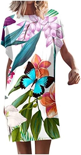 שמלות קיץ לנשים 2023 כושר רופף מתפצל עטלף שרוול קצר צוואר צוואר שמלות מיני שמלות הדפס חוף מזדמן שמלת טי.
