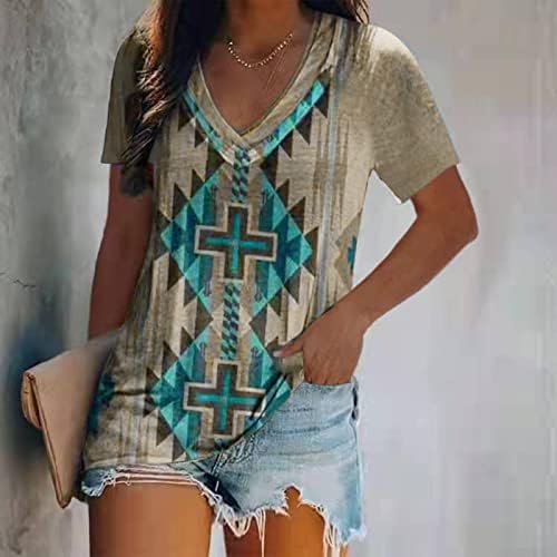 דפוס סגנון אתני מערבי של UBST מודפס V צוואר חולצות נשים חולצות שרוול קצר