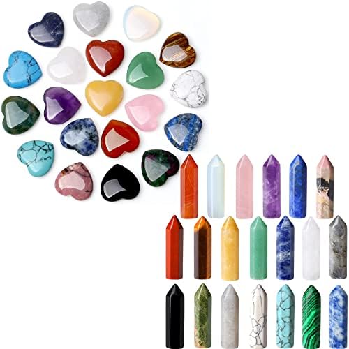 צרור של 20 יחידים גבישים שרביטים ו 20 יח 'גבישי לב טבעיים ריפוי אבני כיס גביש גביש אבני אבן חן בצורת אהבה מרוטשת ​​קוורץ