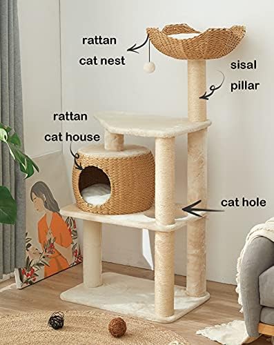 חתול עץ לחתולים מקורה 55.1 סנטימטרים חתול מגדלי חתול דירה קש חתול קן נוח פלנל חתול בית עם פלטפורמת וסריטות הודעות לחתולים גדולים