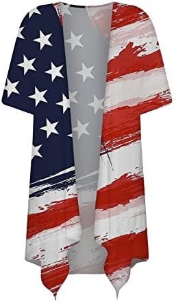 שרוול נפיחות פרחוני נשים שרוול קימונו קרדיגן רופף כיסוי חולצה מזדמן חולצה 4 ביולי הדפסת דגל אמריקה דגל קרדיגנים