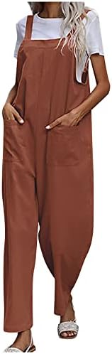 Ruziyoog נשים מזדמנים מכנסיים ארוכים רופפים פשתן כותנה רחבה סרבלים רגל רחבים סרבלים בצבע אחיד עם שני כיסים