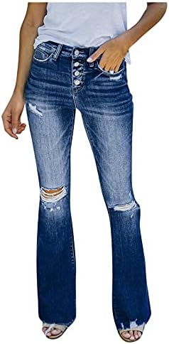 ג'ינס קרוע נשים רופפות מותניים גבוהות חור ברך ישר כפתור פעמון y2k מכנסי מכנסי ג'ינס רזים כחול