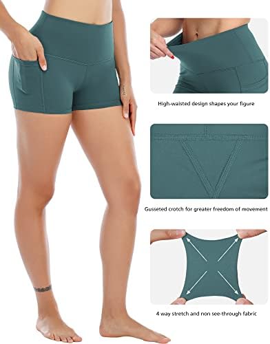 4 מארז סטרץ מכנסיים קצרים לנשים עם כיסים, נשים של גבוהה מותן יוגה אימון שלל מכנסיים קצרים