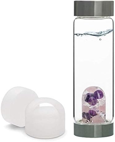 Vitajuwel באמצעות בריאות - בקבוק מי קריסטל עם אמטיסט, קוורץ ורד, קוורץ קליל + כובעי סיליקון לבן ענן לבן