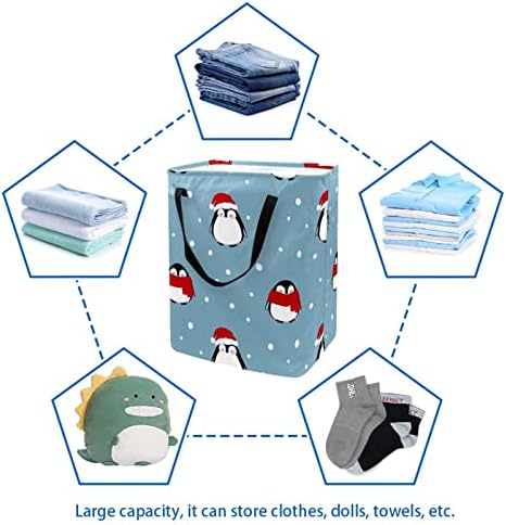 פינגווין עם כובע צעיף אדום בסל כביסה מתקפל בהדפס שלג, סלי כביסה עמידים למים 60 ליטר אחסון צעצועי כביסה לחדר