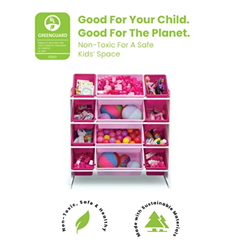 דלתא לילדים לילדים מארגן אחסון צעצועים עם 12 פחי פלסטיק - Greenguard Gold Certified, לבן/ורוד