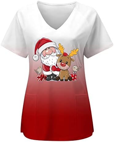 צמרות קרצוף חג מולד חמוד נשים שרוול קצר V חופשות צוואר חופשות שיפוע סנטה קלאוס חולצת כיס הדפס