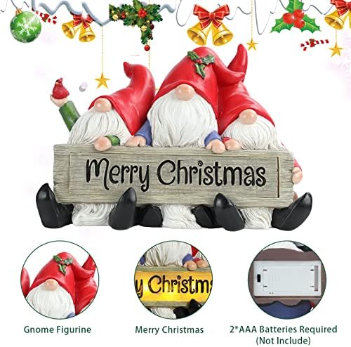 פלא סולארי חג מולד שמח סנטה גמרים פסל - שרף גנום פסלון מחזיק שלט חג מולד שמח עם פנסי LED סוללה המופעלת על פיסול שדון גן