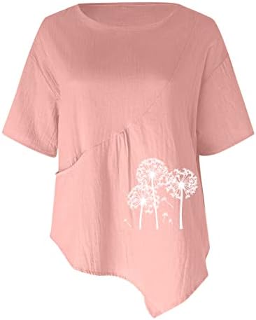 פשתן כותנה לנשים לנשים צוות קיץ צוואר שרוול קצר פרחים טרנדי חולצה חולצה וינטג 'מוצק צמרות טוניקה רופפות