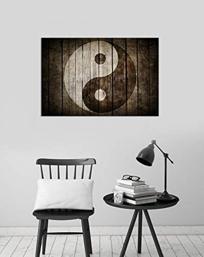 שחור ולבן יין יאנג סמל על עץ רקע רוחני שלום טאו רכילות סיני דת ז 'יקלה בד הדפסת לסלון 24 איקס 36