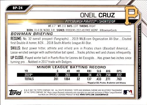 2021 סיכויי באומן BP-24 ONEIL CRUZ PITTSBURGH PIRATES MLB כרטיס מסחר בייסבול