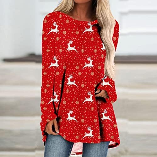 חולצת צוואר סירה אדומה לנשים שרוול ארוך הדפס שלג הדפס פסטיבל בכושר חג המולד צמרות חמודות חולצות נער נער JN S