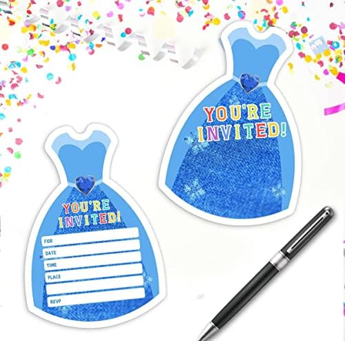 SIMIMI ART 30 הזמנות למסיבת יום הולדת עם מעטפות, שמלה כחולה יפה לבנות, ילדה מצווה יום הולדת כרטיס הזמנה