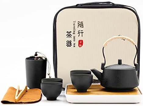 ערכת תה קרמיקה קונגפו סינית של Fanquare Ceramic Ceramic, סט תה נייד יפני עם מגש, ערכת תה נסיעות עם קומקום