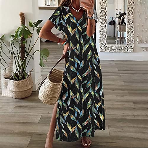 שמלה ארוכה בוהו מזדמן לנשים 2023 קיץ טרנדי פרחוני צווארון שרוול קצר שמלת חוף מקסי מפוצלת בצד רופף