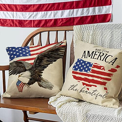 Fahrendom 4 ביולי דגל אמריקה דגל אמריקאי פטריוטי לזרוק כרית כרית כרית 18 x 18 סט של 4, יום הזיכרון אמריקה נשר כוכבי