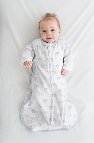 שקי שינה מדהימים של כותנה לתינוק, שמיכה לבישה עם רוכסן דו כיווני, כחול פסטל + פילים זעירים אפורים, גדולים