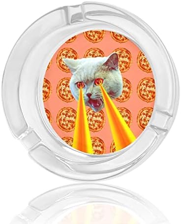 חתול מכור לפיצה עם לייזרים מהעיניים מאפרות זכוכית מגש אפר עגול מארז מחזיק אפר חמוד לקישוט סיפון משרד ביתי