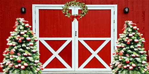 20x10ft חג המולד כפרי אסם וינטג 'רקע מעץ אדום עץ עץ קיר קיר דלת לבן מסגרת עץ חג המולד רקע