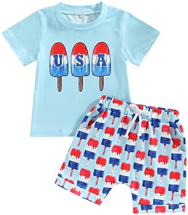 הילד פעוט תינוק תינוק 4 ביולי תלבושת שרוול קצר מכתב דגל אמריקאי מכתב טריקו מכנסיים קצרים עליונים
